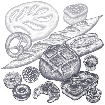 Bread, buns and pastries set.