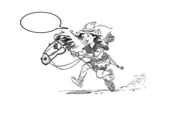 Little Robin Hood riding toy horse. Robin Hood childhood. Child Robin Hood. Medieval legends. Heroes of medieval legends.