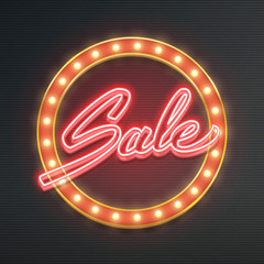Neon sale banner, glowing realistic vector illustration, retro advertisement