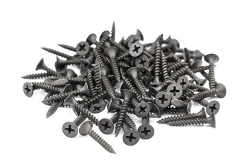 Metal self-tapping or screw close-up on white background.