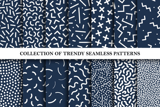 Collection of memphis seamless vector patterns. Fashion 80-90s.