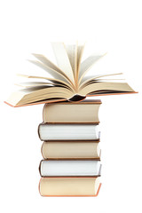 Books in a stack on white background.