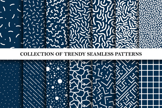 Collection of hand drawn memphis seamless vector patterns. Fashion design 80-90s.