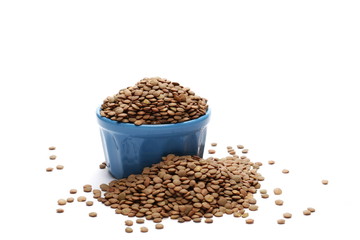 Pile of green lentils in blue porcelain bowl isolated on white background