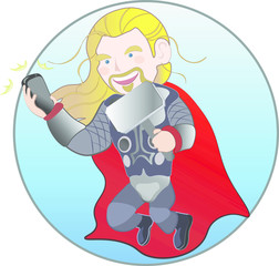 Superhero viking with magic hammer taking selfie