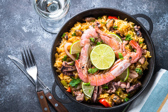 Seafood paella. Traditional spanish dish, top view.