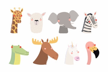 Obraz na płótnie Canvas Set of cute funny animals unicorn, zebra, llama, flamingo, giraffe, moose, crocodile, elephant. Isolated objects on white . Vector illustration. Scandinavian style flat design Concept children print