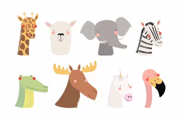 Papier Peint photo Illustration Set of cute funny animals unicorn, zebra, llama, flamingo, giraffe, moose, crocodile, elephant. Isolated objects on white . Vector illustration. Scandinavian style flat design Concept children print