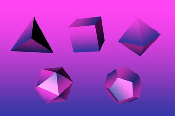 Geometric figures tetrahedron, hexahedron, octahedron, icosahedron and dodecahedron on colorful background. Platonic solids