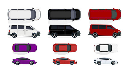 Set of black and white, red cars. Side view and top view. Volumetric drawing without a grid and a gradient. Isolated on white background. illustration