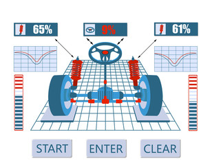 Car service. Image of the vehicle s assembly diagram on the stand. Checking and adjustment of shock absorbers and steering rails. illustration