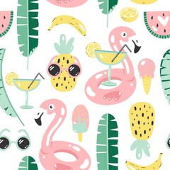 Materiał do szycia Colorful seamless summer pattern with hand drawn beach elements.