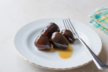 Turkish Style Crispy Fig Dessert served with Plate and Fork / Fruit Jam Dessert