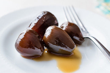 Turkish Style Crispy Fig Dessert served with Plate and Fork / Fruit Jam Dessert