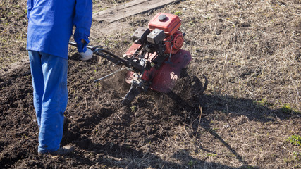 Worker with a machine cultivator digs the soil in the garden