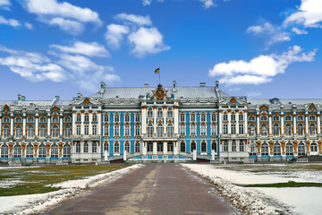 Catherine palace against bright blue sky. Tsarskoye Selo, Pushkin, Saint Petersburg, Russia