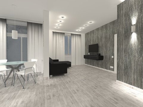 Интерьер квартиры - светлая студия с темной мебелью