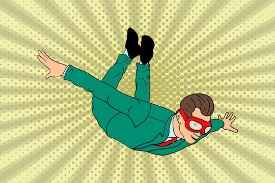 The businessman is flying. sky diving. pop art style