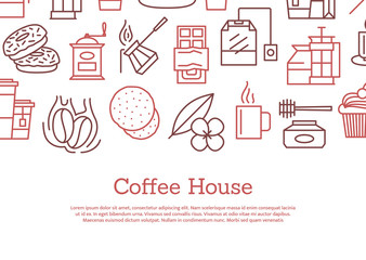 Vector tea and coffee linear icons background with place for text illustration