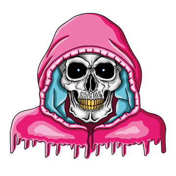 Vector illustration of human skull with golden teeth and pink hood