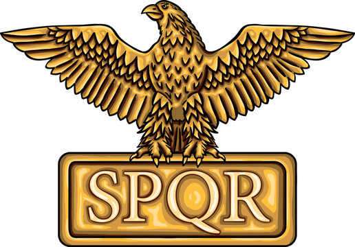 Golden emblem of Roman Empire SPQR with eagle. It means "senatus populusque romanus" (The Roman Senate and people