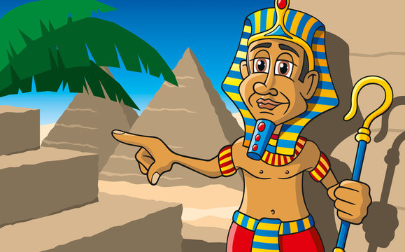 Pharao vor Pyramiden und Palme, Cartoon, Szene