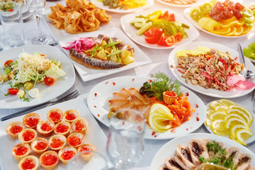Table with food and drinks in a restaurant