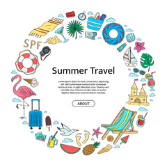 Hand drawn colored beach objects in circle shape with place for text in center. Vector summer travel doodle elements background illustration