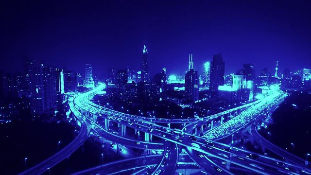 time lapse,Aerial View of freeway busy city rush hour heavy traffic jam highway,shanghai Yan'an East Road Overpass interchange,driving racing by with streaking lights trail with super long exposures.