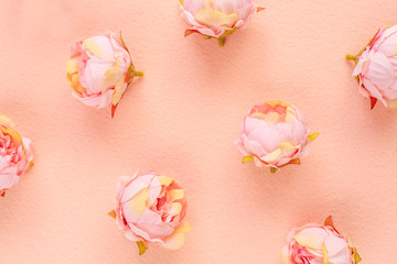 Naklejka na ściany i meble Delicate floral background, peony flowers on peachy beige felt, simple wedding background