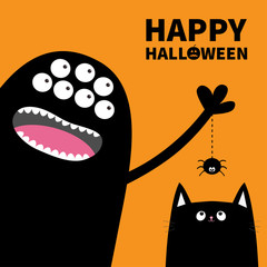 Happy Halloween pumpkin text. Black monster many eyes holding dash line spider insect. Cat face head silhouette. Cute cartoon character. Baby animal collection. Flat design Orange background.