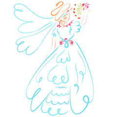 Bride in wedding dress and veil throws a bouquet of flowers