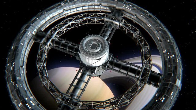 Giant sci-fi torus. Circular space station rotate on Saturn background, 3d animation. Texture of the Planet was created in the graphic editor without photos and other images.