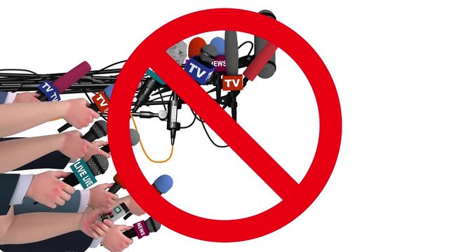 Boom pole microphones and hands with mics in prohibition sign, 3D animation.