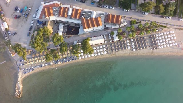 Aerial view of Pefkochori beach, Kassandra peninsula, Greece, raw, 4K