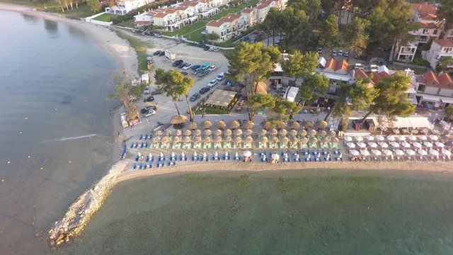 Aerial view of Pefkochori beach, Kassandra peninsula, Greece, raw, 4K