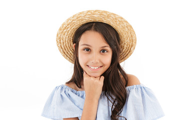 Girl standing posing isolated over white wall background.