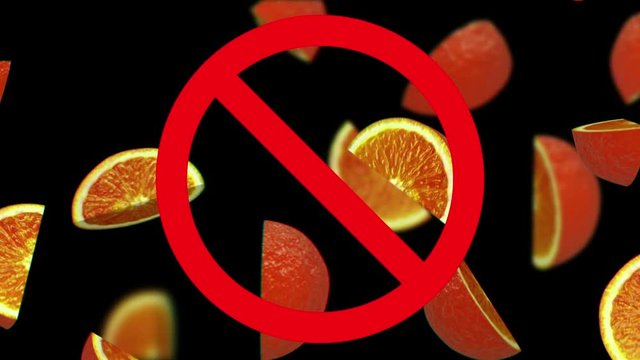 Dangerous harmful oranges in prohibition sign, 3d animation on black background, seamless loop.