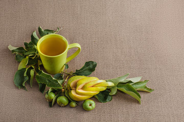 mug with juice, branch with unripe small green apples and one big curly cutting apple on the sack background