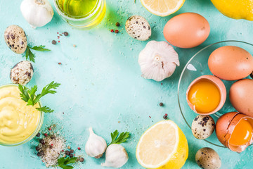 Homemade mayonnaise sauce with ingredients - lemon, eggs, olive oil, spices and herbs, light blue background copy space above
