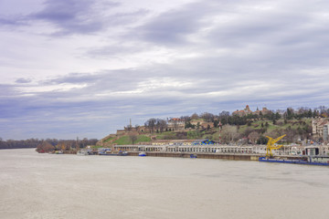 BELGRADE, SERBIA - NOVEMBER 4, 2017: City view from the brige with river Sava and old Kalemegdan fortress, Serbia