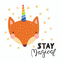 Hand drawn vector illustration of a cute funny fox with a unicorn horn, lettering quote Stay magical. Isolated objects. Scandinavian style flat design. Concept for children print. © Maria Skrigan