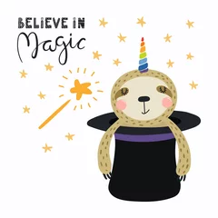Keuken spatwand met foto Hand drawn vector illustration of a cute funny sloth appearing from a magician top hat, with lettering quote Believe in magic. Isolated objects. Scandinavian style flat design. Concept children print. © Maria Skrigan