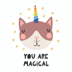 Zelfklevend Fotobehang Hand drawn vector illustration of a cute funny cat with a unicorn horn, lettering quote You are magical. Isolated objects. Scandinavian style flat design. Concept for children print. © Maria Skrigan