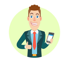 Businessman holding mobile phone and showing thumb up