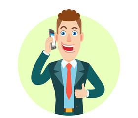Businessman talking on mobile phone and showing thumb up