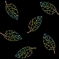 Seamless Pattern , Tree Leaves on a Black Background , Vector Illustration