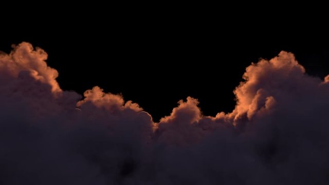 Clouds covering the setting sun, the clouds building at sunset, fantasy cloudy sunset. Separated on pure black background, contains alpha channel.