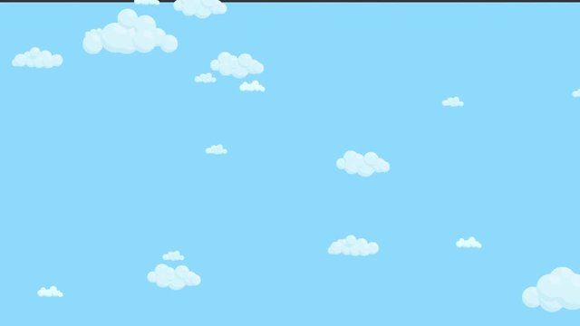 Blue sky full of clouds moving down. Cartoon sky animated background. Flat animation.