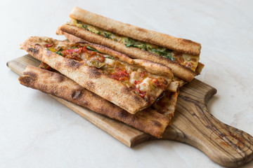 Turkish Pastry Konya Mevlana Pide with Cubed Meat and Melted Cheese